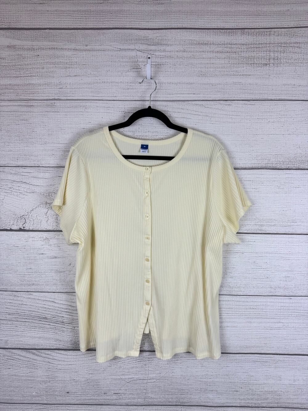 Old Navy Plus Size Light Yellow Ribbed Button Up Short Sleeve Top Size 3X